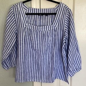 Linen Square Neck3/4 Sleeve Stripe Top